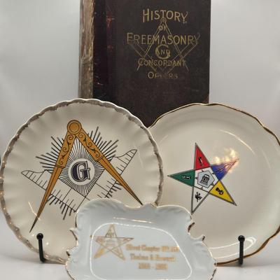 LOT 26: Antique History of Freemasonry and Concordant Orders Book & Small Freemason Dishes