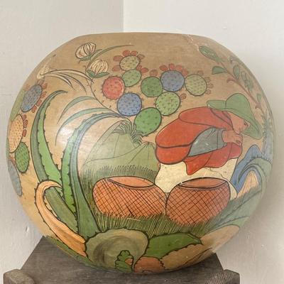 LOT 31: Vintage Mexican Tlaquepaque Pottery Vase/Planter with Pair of Primitive Wood Plant Stands