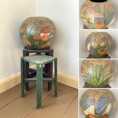 LOT 31: Vintage Mexican Tlaquepaque Pottery Vase/Planter with Pair of Primitive Wood Plant Stands