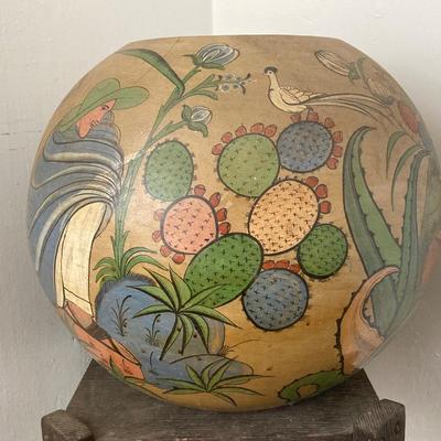 LOT 31: Vintage Mexican Tlaquepaque Pottery Vase/Planter with Pair of Primitive Wood Plant Stands