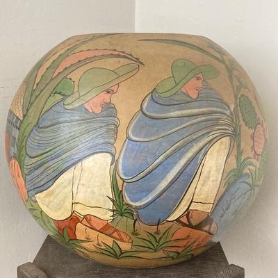 LOT 31: Vintage Mexican Tlaquepaque Pottery Vase/Planter with Pair of Primitive Wood Plant Stands