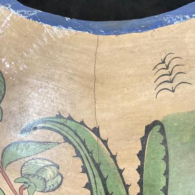 LOT 31: Vintage Mexican Tlaquepaque Pottery Vase/Planter with Pair of Primitive Wood Plant Stands