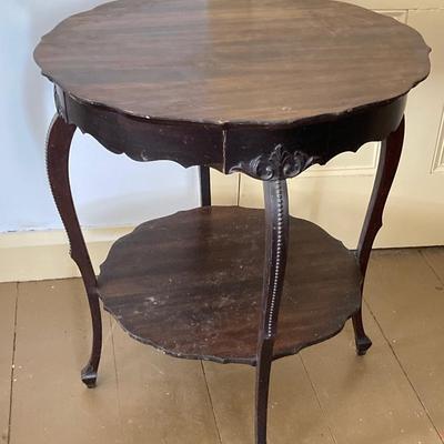LOT 40: Vintage Carved Wood Round Two Tiered Table