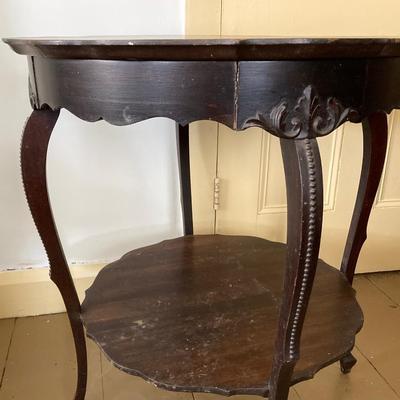 LOT 40: Vintage Carved Wood Round Two Tiered Table