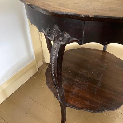 LOT 40: Vintage Carved Wood Round Two Tiered Table