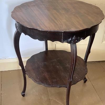 LOT 40: Vintage Carved Wood Round Two Tiered Table
