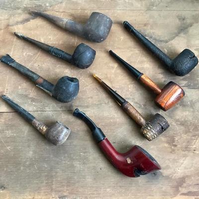 LOT 51: Vintage Old Green River Tobacco Holder / Crock, Velvet Tobacco Tin with Collection of Pipes