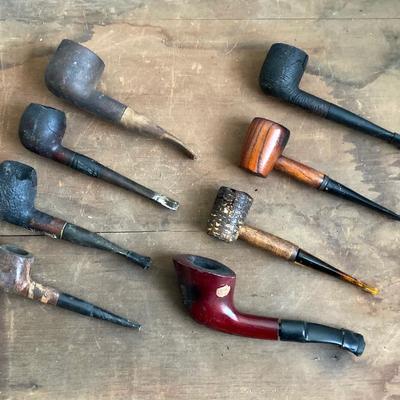 LOT 51: Vintage Old Green River Tobacco Holder / Crock, Velvet Tobacco Tin with Collection of Pipes