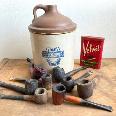 LOT 51: Vintage Old Green River Tobacco Holder / Crock, Velvet Tobacco Tin with Collection of Pipes