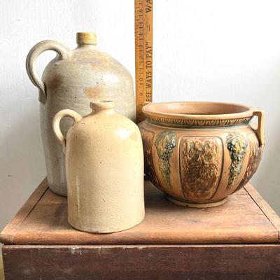 LOT 52: Vintage Roseville Pottery Planter along with a #2 Stoneware Jug & 1/2 Stoneware Jug