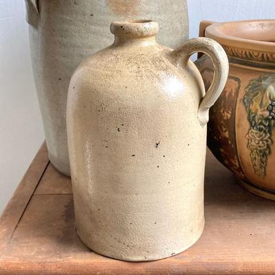 LOT 52: Vintage Roseville Pottery Planter along with a #2 Stoneware Jug & 1/2 Stoneware Jug