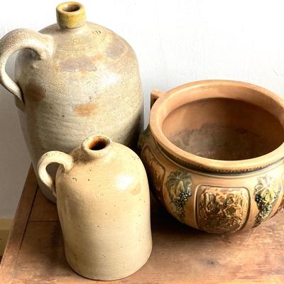 LOT 52: Vintage Roseville Pottery Planter along with a #2 Stoneware Jug & 1/2 Stoneware Jug