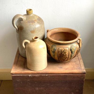 LOT 52: Vintage Roseville Pottery Planter along with a #2 Stoneware Jug & 1/2 Stoneware Jug