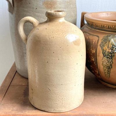 LOT 52: Vintage Roseville Pottery Planter along with a #2 Stoneware Jug & 1/2 Stoneware Jug
