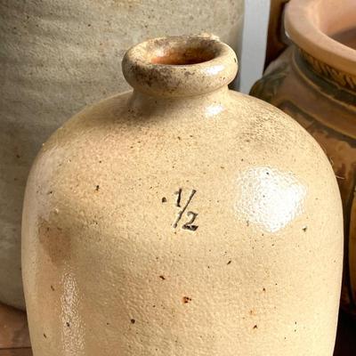 LOT 52: Vintage Roseville Pottery Planter along with a #2 Stoneware Jug & 1/2 Stoneware Jug