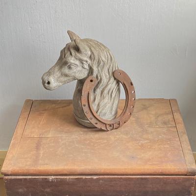 LOT 54: Vintage Concrete Horse Statue and Horse Shoe