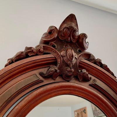 LOT 60: Victorian Hand Carved Wood Marble Topped Dresser with Tilting Mirror