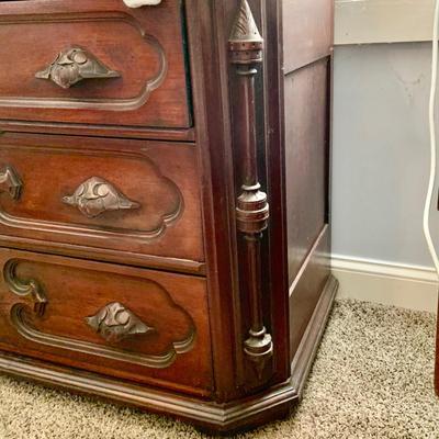 LOT 60: Victorian Hand Carved Wood Marble Topped Dresser with Tilting Mirror