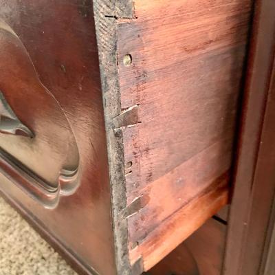 LOT 60: Victorian Hand Carved Wood Marble Topped Dresser with Tilting Mirror