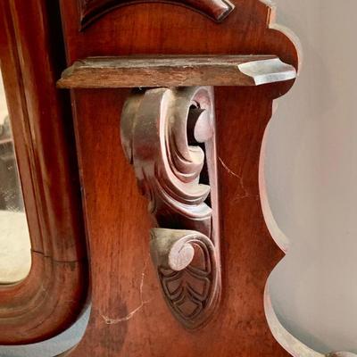 LOT 60: Victorian Hand Carved Wood Marble Topped Dresser with Tilting Mirror