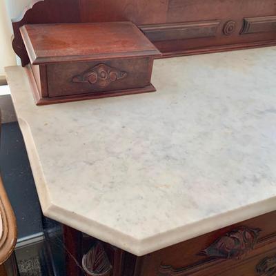 LOT 60: Victorian Hand Carved Wood Marble Topped Dresser with Tilting Mirror