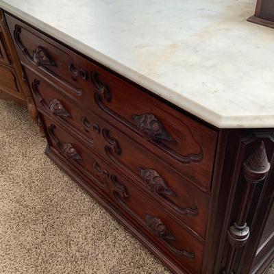 LOT 60: Victorian Hand Carved Wood Marble Topped Dresser with Tilting Mirror