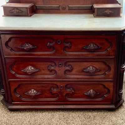 LOT 60: Victorian Hand Carved Wood Marble Topped Dresser with Tilting Mirror