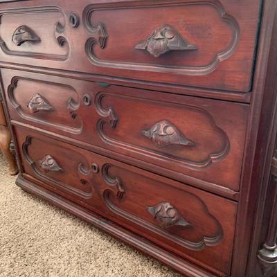 LOT 60: Victorian Hand Carved Wood Marble Topped Dresser with Tilting Mirror