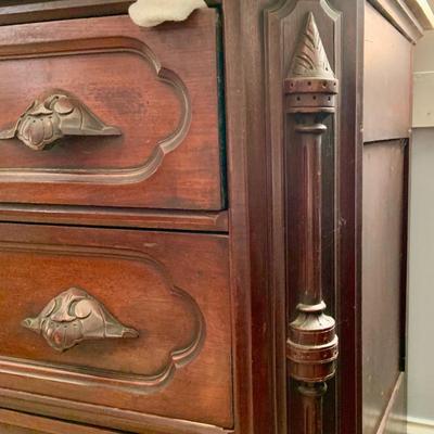 LOT 60: Victorian Hand Carved Wood Marble Topped Dresser with Tilting Mirror
