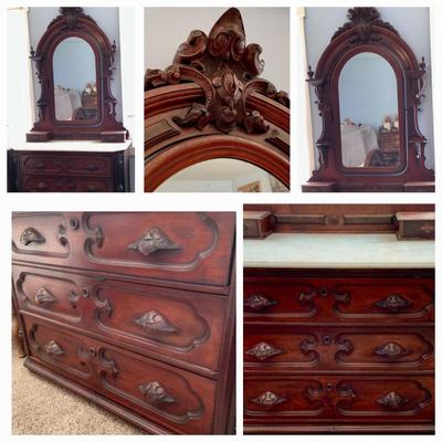 LOT 60: Victorian Hand Carved Wood Marble Topped Dresser with Tilting Mirror