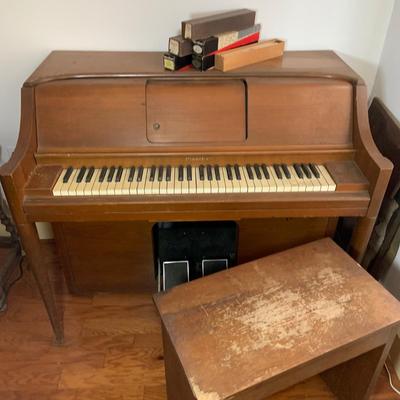 LOT 61: Vintage Pianola Player Piano with Paino Rolls and Bench