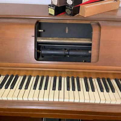 LOT 61: Vintage Pianola Player Piano with Paino Rolls and Bench