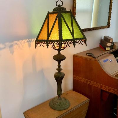 LOT 62: Beautiful Vintage/Antique Metal Table Lamp with Color Glass Shade - Very Heavy