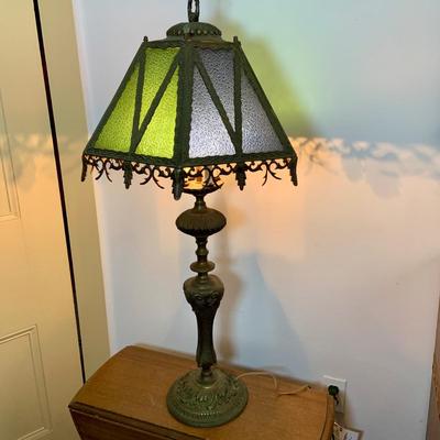 LOT 62: Beautiful Vintage/Antique Metal Table Lamp with Color Glass Shade - Very Heavy