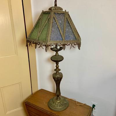 LOT 62: Beautiful Vintage/Antique Metal Table Lamp with Color Glass Shade - Very Heavy