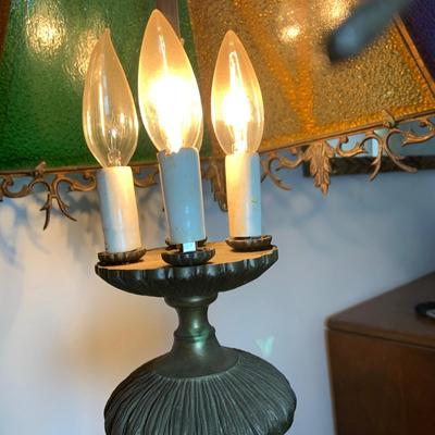 LOT 62: Beautiful Vintage/Antique Metal Table Lamp with Color Glass Shade - Very Heavy