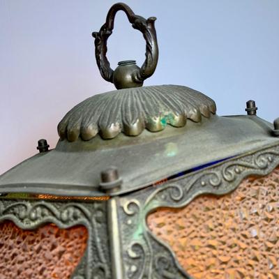 LOT 62: Beautiful Vintage/Antique Metal Table Lamp with Color Glass Shade - Very Heavy