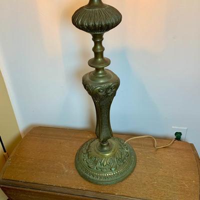 LOT 62: Beautiful Vintage/Antique Metal Table Lamp with Color Glass Shade - Very Heavy