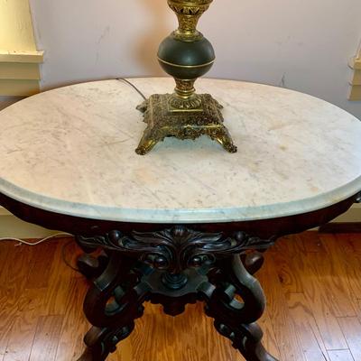 LOT65: Antique/ Vintage Victorian Carved Wood Table with Marble Top