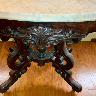 LOT65: Antique/ Vintage Victorian Carved Wood Table with Marble Top