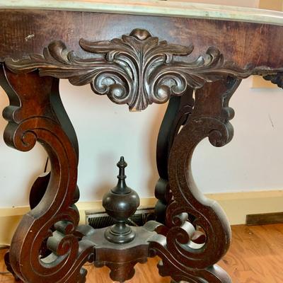LOT65: Antique/ Vintage Victorian Carved Wood Table with Marble Top