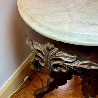 LOT65: Antique/ Vintage Victorian Carved Wood Table with Marble Top
