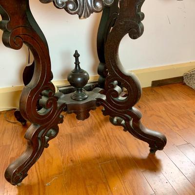 LOT65: Antique/ Vintage Victorian Carved Wood Table with Marble Top