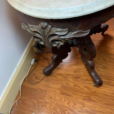 LOT65: Antique/ Vintage Victorian Carved Wood Table with Marble Top