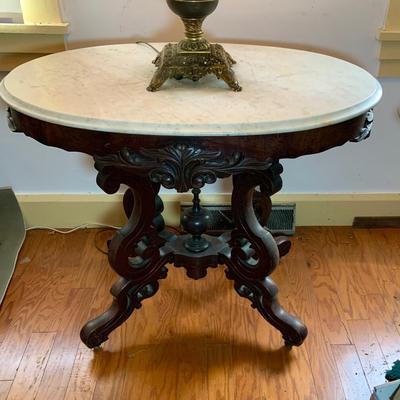 LOT65: Antique/ Vintage Victorian Carved Wood Table with Marble Top