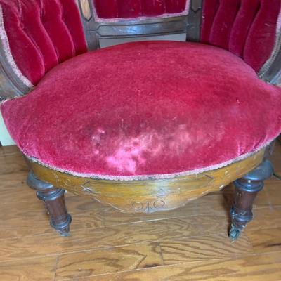 LOT 66: Pair of Antique Victoria Carved Wood Parlor Chairs with Red Velvet Upholstery