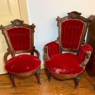 LOT 66: Pair of Antique Victoria Carved Wood Parlor Chairs with Red Velvet Upholstery