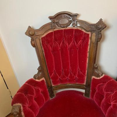LOT 66: Pair of Antique Victoria Carved Wood Parlor Chairs with Red Velvet Upholstery