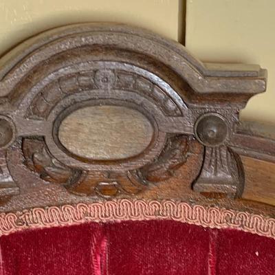 LOT 66: Pair of Antique Victoria Carved Wood Parlor Chairs with Red Velvet Upholstery