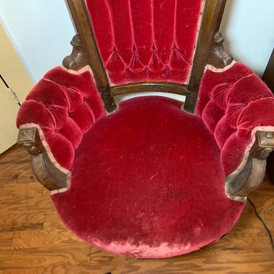 LOT 66: Pair of Antique Victoria Carved Wood Parlor Chairs with Red Velvet Upholstery
